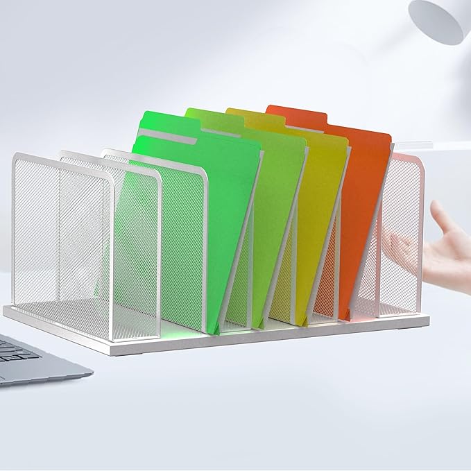 Kuntine.B Desk File Organizer Upright Mesh Desktop Organizer File Sorter Office Organization File Holder for Home, Office & Classroom (Silver, 1 Pack 7-Section)
