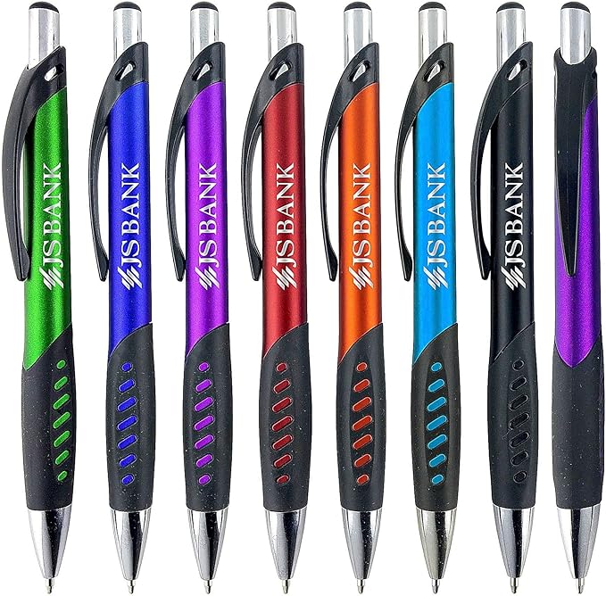 SyPen Promotional Pens With your Custom Logo or Text-300 Pack Bulk-for Businesses, Parties, and Events, Custom Printed Metallic/Colored Click Action Ballpoint Pens, Rubber Grip, Black Ink, Light Blue