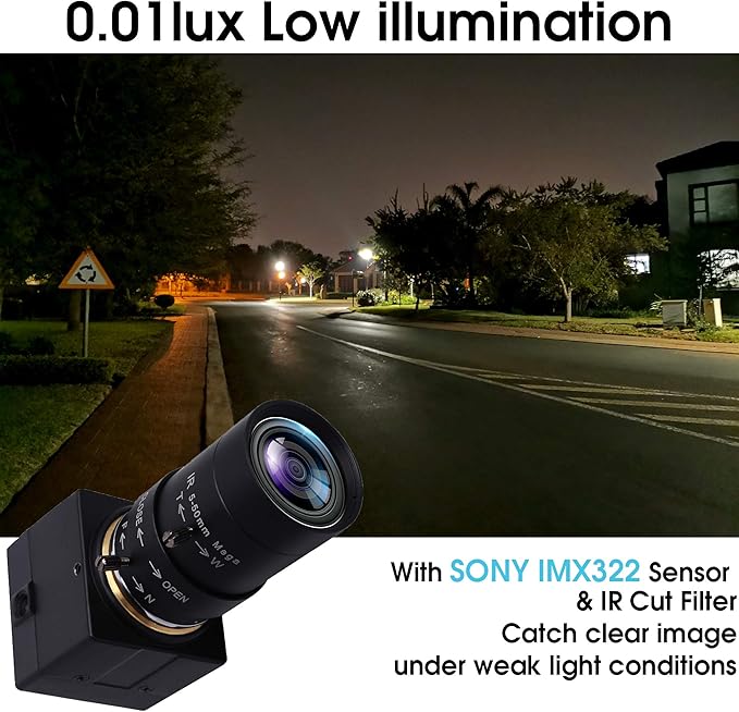 SVPRO USB Web Camera 1080P Full HD Webcam with Zoom Lens, 5-50mm Telephoto Webcam Manual Focus with Sony IMX323 Sensor, H.264 0.01lux Low Light Camera for Industrial Machine Vision,UVC Free Drive