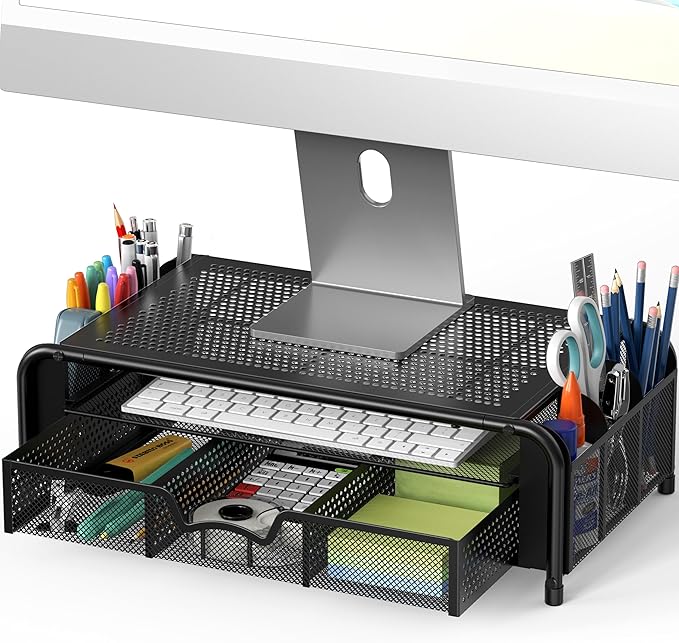 Simple Houseware Monitor Riser Stand with Pull-Out Drawer and Pen Holders, Black