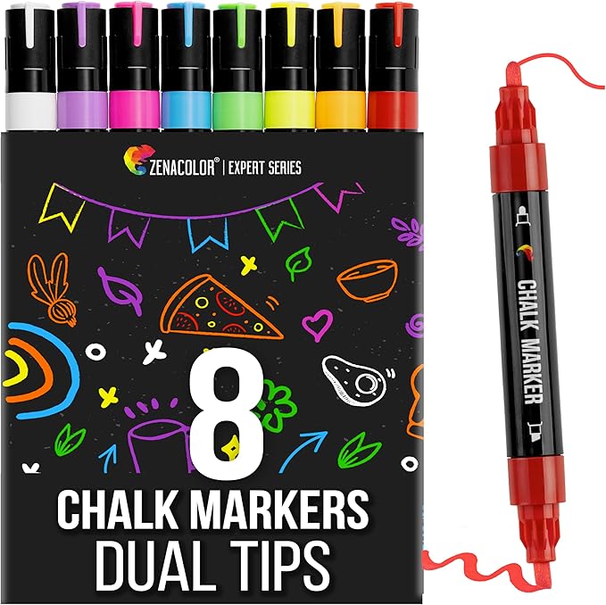 Zenacolor Liquid Chalk Markers - Dual Tips, 8 Vibrant Colors, Non-Toxic, Quick-Drying, Erasable for Blackboard, Windows, Glass, Cars - 24 Labels Included