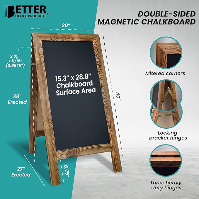 Better Office Products Magnetic A-Frame Chalkboard Sign, Extra Large 20" x 40", Standing Chalkboard Easel, Deluxe Set with Multiple Accessories, Outdoor Sidewalk Sandwich Board Sign,(Rustic Brown)