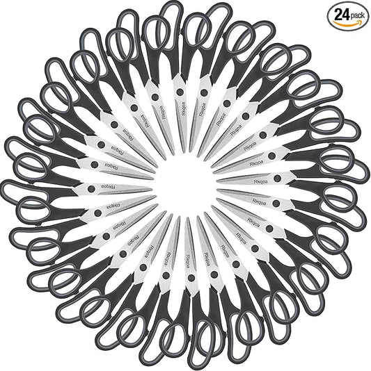 24 Black Scissors Bulk, Rkqoa 8" All Purpose Scissors Pack - Thick Sharp Shears for Office School Sewing Craft Supplies, Classroom Must have, Teacher/Class Scissor, Right/Left Handles