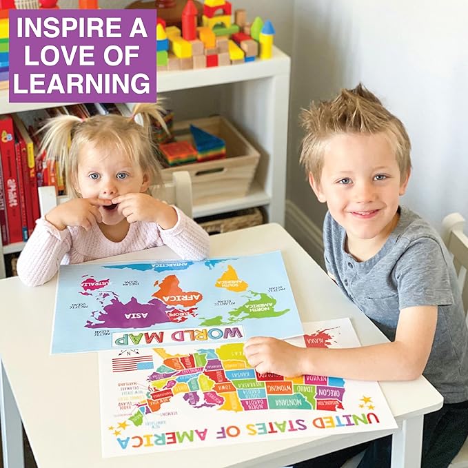 Hadley Designs 16 Educational Posters for Classroom & Kindergarten, Kindergarten Classroom Must Haves, Laminated PreK Learning Chart Materials US & World Map, ABC Alphabet, Shapes, Days of the Week