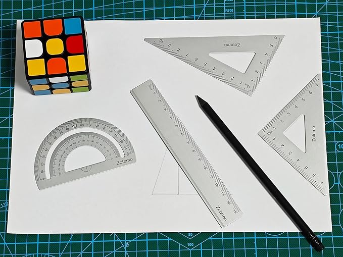 Geometry Ruler Set for Students, Metric Measurement 4-Piece Metal Math Drafting Kit with Non-Slip Design 15 cm Straightedge Ruler, 180° Protractor & 2 Triangles for School Kids (Silver)