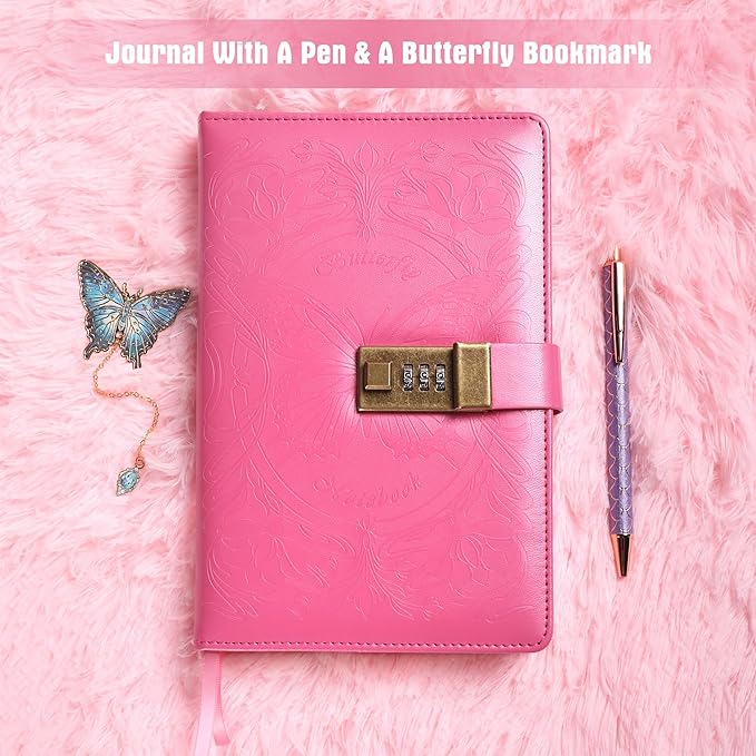 TIEFOSSI Diary with Lock for Women Girls, Lined Locked Journal, Butterfly Journal Notebook with Pen and Bookmark, A5 Refillable Locking Journals for Writing, 224 Numbered Pages
