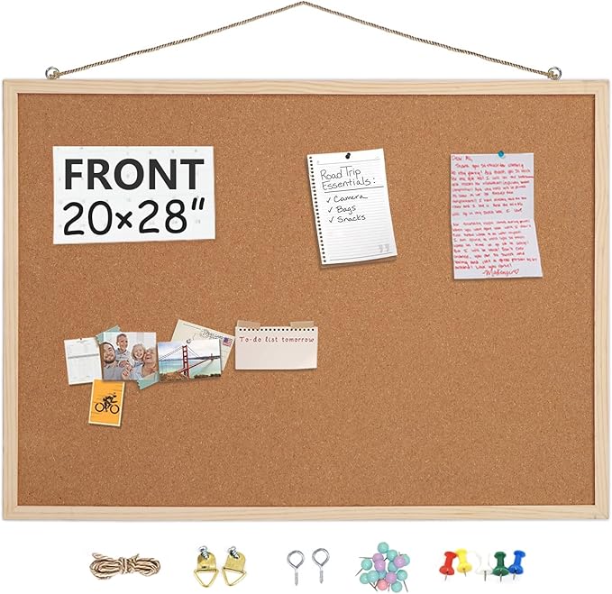 20” x 28” Cork Boards for Walls with Wooden Frame 1pack, Whiteboard and Cork Board Combo Double Sided Office Board for Wall Organizer, Bulletins Board Hanging Pin Board for School Home Office