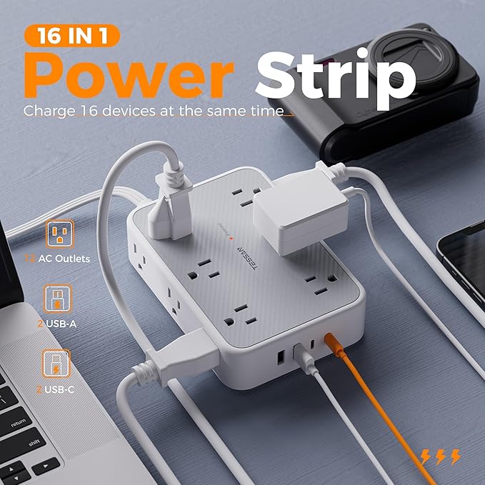 TESSAN 15 ft Extension Cord Surge Protector Power Strip, 12 Outlet Extender with 4 USB (2 USB C), 1800 Joules Protection, Flat Plug, Flat Extension Cord with Multiple Outlets, for Home, Office, Dorm