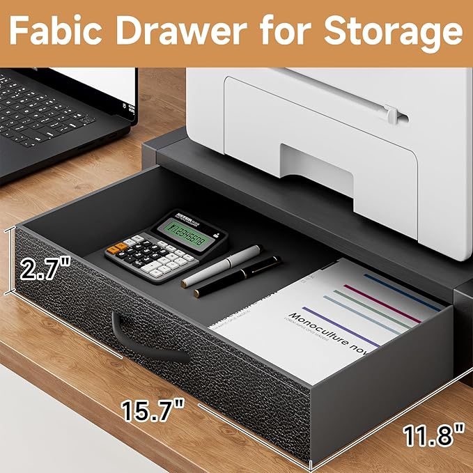 2-Tier Desktop Printer Stand with Fabric Drawer, Prtiner Table with Storage Shelf, Desk Organizer for Home Office,3D Printer,Fax Machine,Scanner, 17.3"x11.8" Black