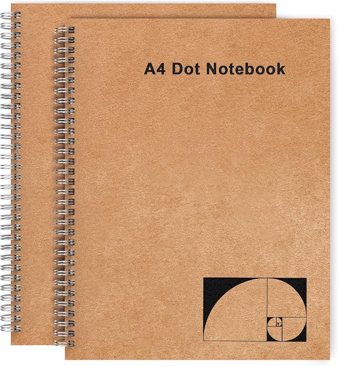 A4 Dotted Journal Notebook, 2 Pack Large Spiral Dot Grid Notebook, 200 Pages 100gsm Thick Dot Grid Paper Journal for Sketching Writing Taking Note and More - Kraft Brown Cover, 8.5" x 11"
