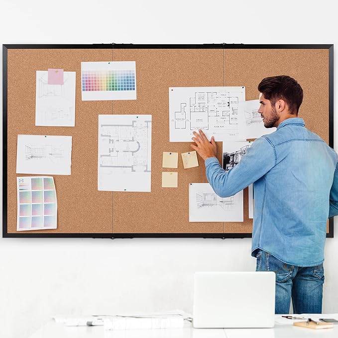 Board2by Extra Large Cork Bulletin Board 96" X 48", Foldable Notice Pin Board for Wall, Black Woodm Framed 8'x4' Corkboard, Wall Mounted Noticeboard with 32 Push Pins for School, Home & Office