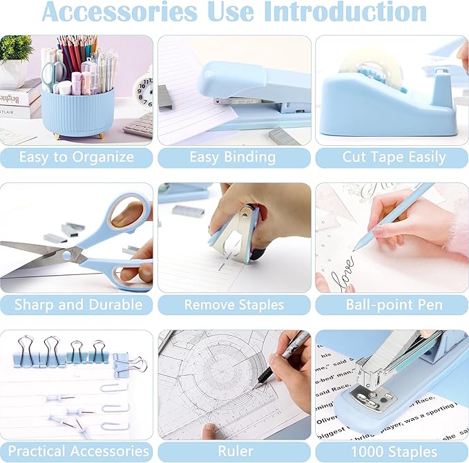 Blue Desk Accessories, Blue Office Supplies 360°Pen Holder Desk Organizers and Accessories with Tape Dispenser, Stapler, Staple Remover, 1000 Staples, Tape, Clips Set, Ruler, Scissor, Pen