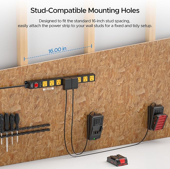 CRST 8 Outlet Metal Long Power Strip,Heavy Duty Surge Protector 2100J, 6 FT Cord Mountable Wide Spaced Workshop Garage Power Strip, 15amp/1875W