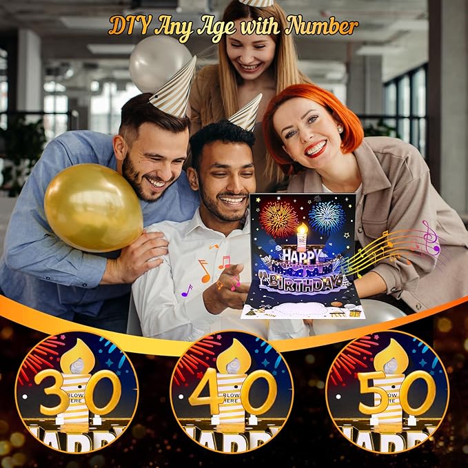 INPHER DIY Age Birthday Cards Fireworks Pop Up Cake Light and Music Black and Gold Happy Birthday Card Gift for Husband, Men, Women, Mom, Grandma