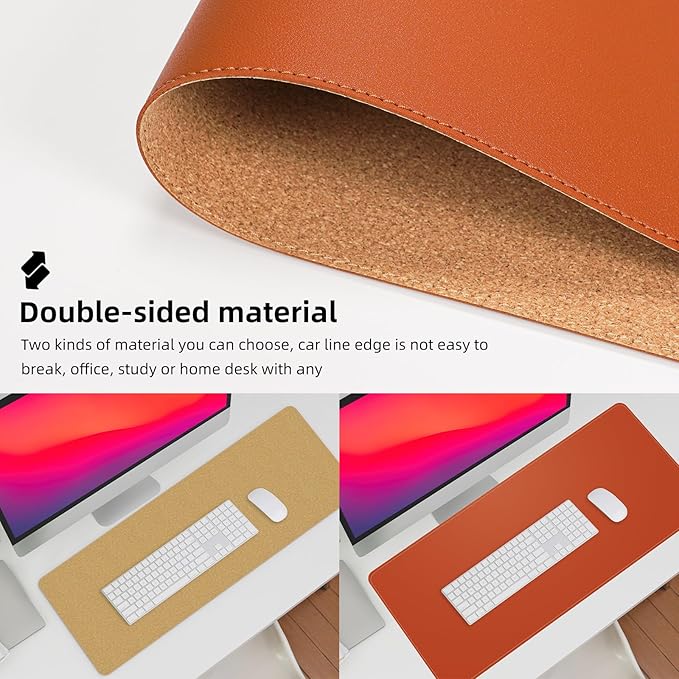 Leather Desk pad Protector, Large Desk mat with Natural Cork & PU Leather,Mouse pad,Non-Slip Office Desk Mat,Waterproof Desk Writing Pad for Office and Home (35in*17in, Orange)