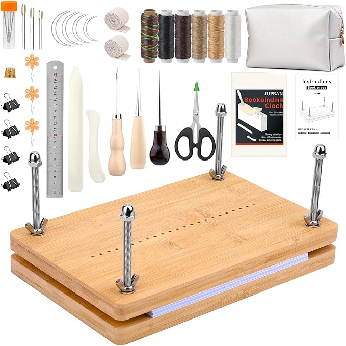 JUPEAN Bookbinding Kit, Book Making Kit, Bookbinding Punching Guide Set, 11.6”x7.9” Hole Punching Book Press Books Binding Materials with Bone Folder Awl Binding Strap for Craft DIY
