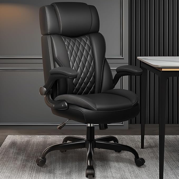 Office Chair Flip Up Arms, Executive Leather Office Chair Ergonomic Desk Chair with Lumbar Support, Adjustable Headrest, Computer Chair Home Office Desk Chair with Rocking Function