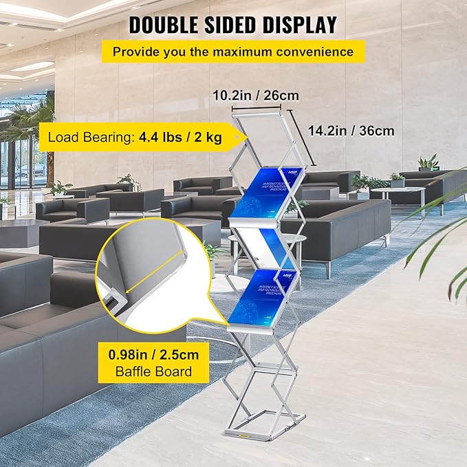 VEVOR Literature Rack, 6 Pockets, Pop up Aluminum Magazine Rack, Lightweight Catalog Holder Stand w/Carrying Bag for Living Room, Hotel, Trade Show, Exhibition, Office