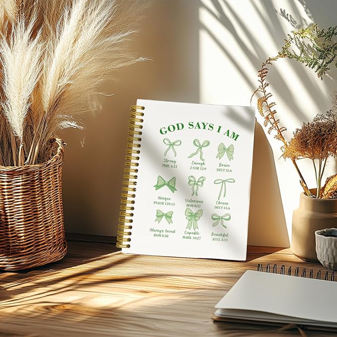 Coquette Green Bows Spiral Bible Notebook,Aesthetic Composition Notebook, God Says I Am Christian Scripture Prayer Journal for Women, Hardcover Spiral Notebooks College Ruled 5.5 x 8.3 (Green)