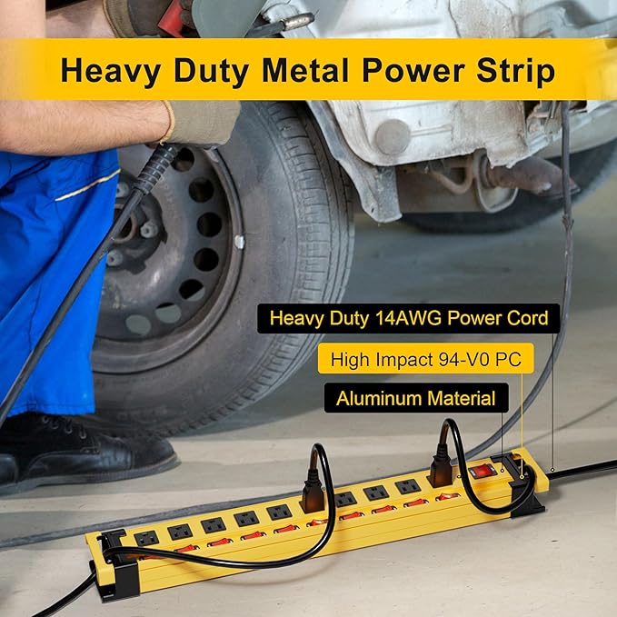 Power Strip 10 Outlet,3300J Surge Protector with Individual Switches,9FT Cord 14AWG/15AMP/1875W,Metal Heavy Duty Power Strip with Cord Manager,for Workshop,Garage,Shop,Home
