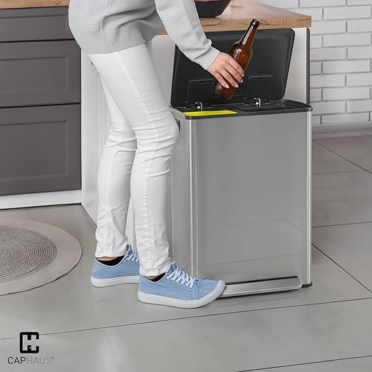 CAPHAUS Dual Trash Can with Lid, Trash and Recycling Bins Combo for Kitchen, Hands-Free Stainless-Steel Garbage Can with 2 Compartment, Hinged Lid, Odor Filter, Handles, 25L+25L, 2 x 6.6 Gallon