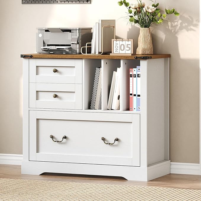 Farmhouse File Cabinet for Home Office, Lateral Filing Cabinet with 3 Drawers & Folder Organizer, Office Storage Cabinet for A4 Letter Files, Printer Stand with Storage Cabinet, White & Walnut