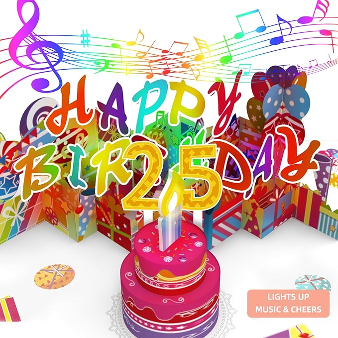 Gumry 25TH Musical Birthday PopUp Card, Blowable Colorful Light Candle 3D Cards with Song, Applause Cheers Sound, Greeting Cards Birthday Gifts Decorations for Women Men Turning 25 Years Old