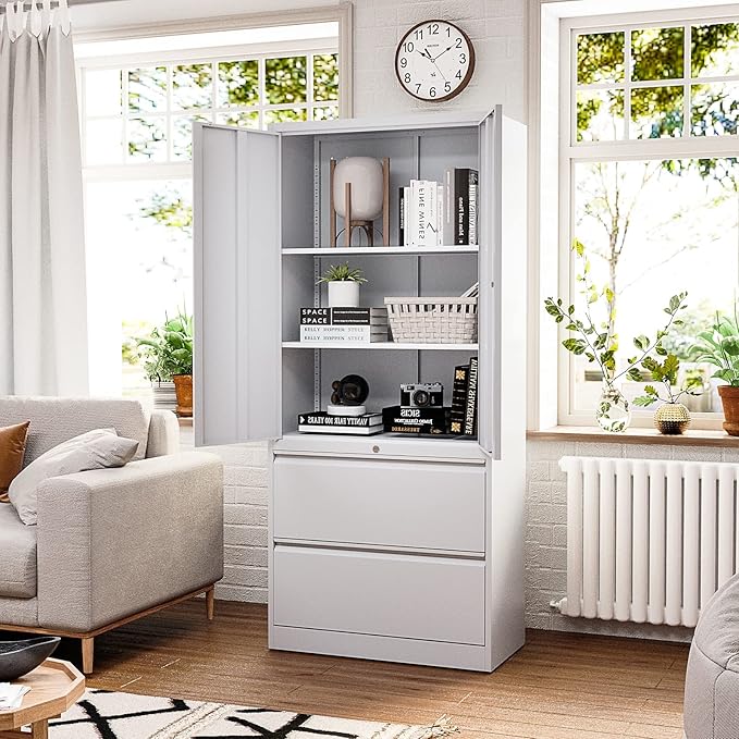 Metal Steel Storage Cabinets with Lockable Drawers and Doors Lateral File Cabinets Steel Metal Filing Lockers for Home Office Hanging Files Letter/Legal/F4/A4 Size