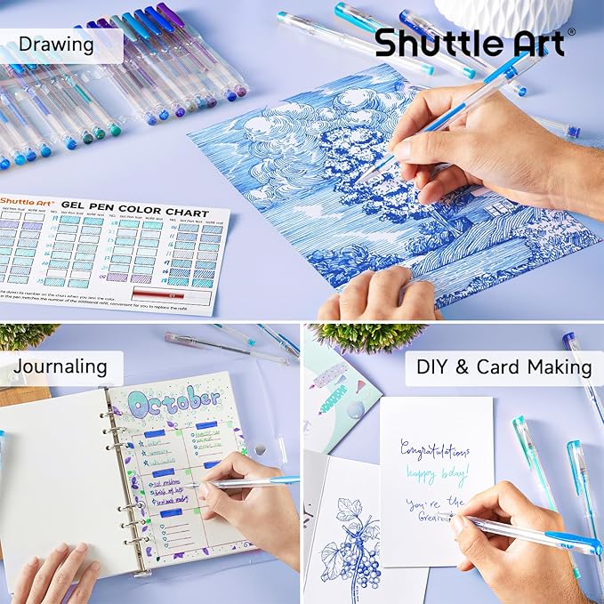 Shuttle Art 60 Pack Blue Tone Gel Pens, 30 Blue Tone Gel Pens with 30 Refills for Adults Coloring Books Journaling Drawing Nature, Landscapes, Animals Scenes