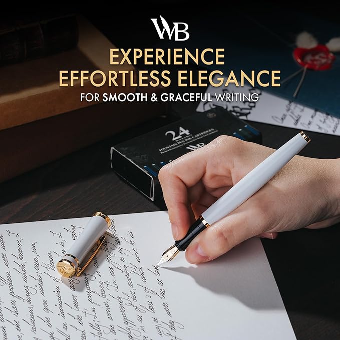 Wordsworth & Black Fountain Pen Set, 18K Gilded Medium Nib, Includes 24 Pack Ink Cartridges, Ink Refill Converter & Gift Box, Gold Finish, Calligraphy, [White Gold], Perfect for Men & Women