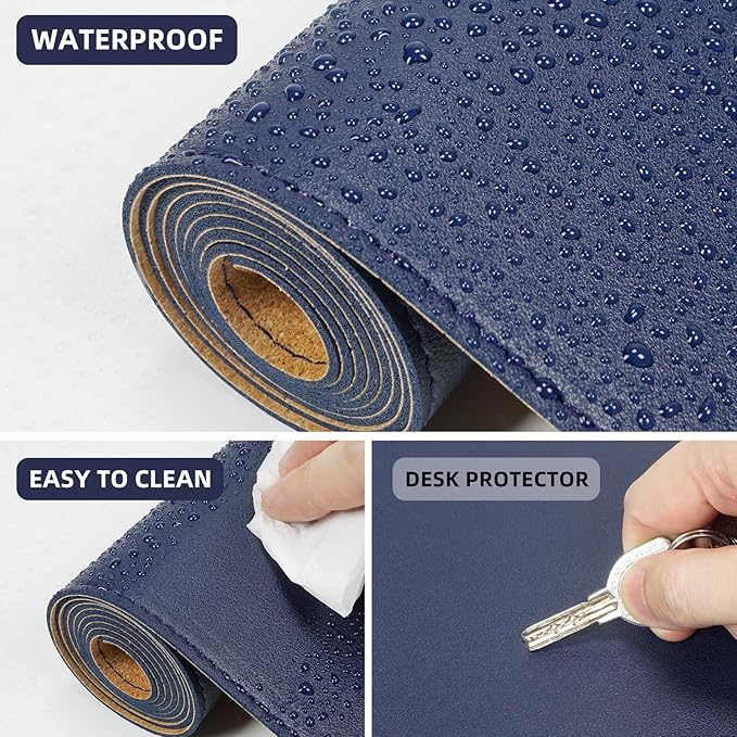Leather Desk pad Protector, Large Desk mat with Natural Cork & PU Leather,Mouse pad,Non-Slip Office Desk Mat,Waterproof Desk Writing Pad for Office and Home (35in*17in, Blue)