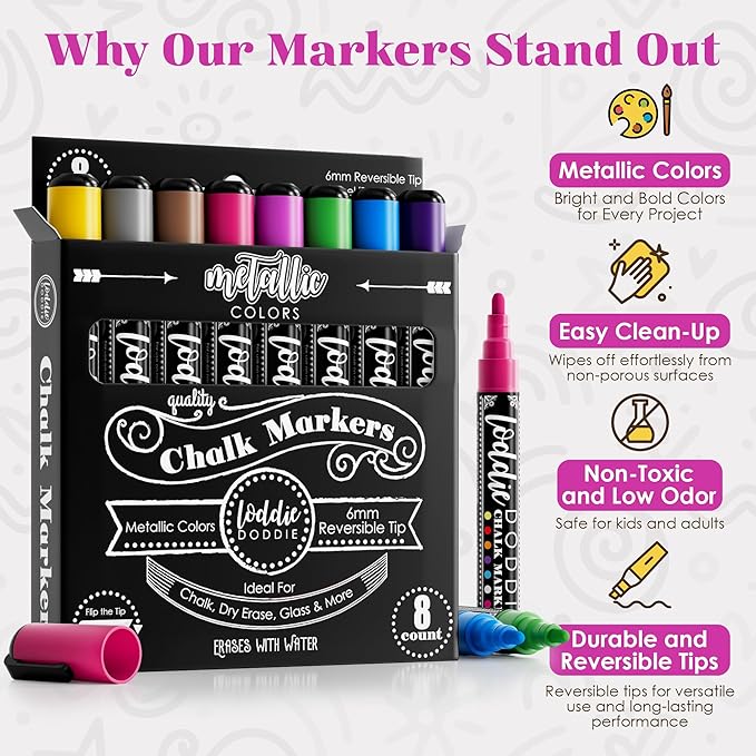 Loddie Doddie Metallic Liquid Chalk Markers for Chalkboard - 8 Count, 6mm Reversible Chisel & Bullet Tip - Erasable Chalk Pen - Metallic Chalkboard Markers - Chisel Tip Pens