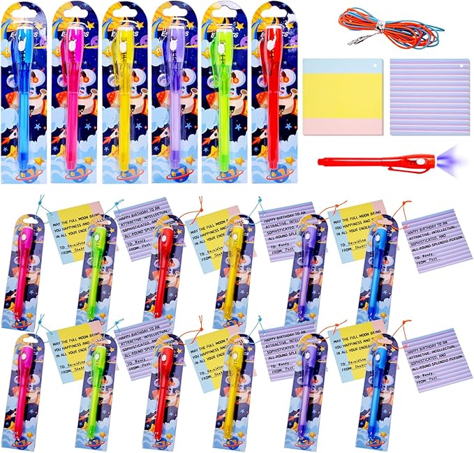 Invisible Ink Pens Gifts Cards. 24 Pack Spy Pen invisible pens with uv light for kids, Magic Pen for Secret Message, Birthday Party,Christmas, and Halloween Goodies Bags Toy(24PCS+Gifts Cards)