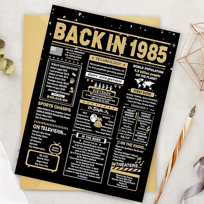 40th Birthday Card, 40th Birthday Gifts Women Men, 40th Birthday Decorations for Him Her, Back in 1985 Birthday Card, Black Gold