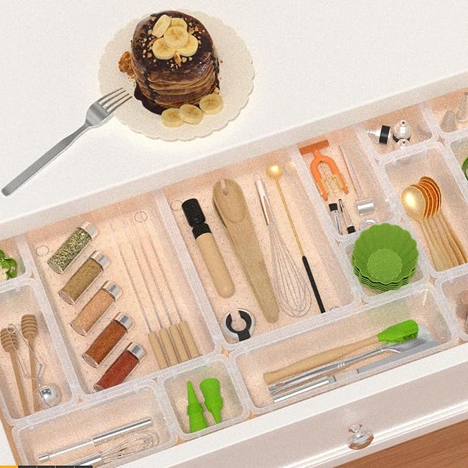 63 PCS Clear Plastic Drawer Organizers Set, 4-Size Versatile Bathroom and Vanity Organizer Trays, Non-Slip Storage Containers for Makeup, Jewelries, Bedroom，Kitchen Utensils and Office