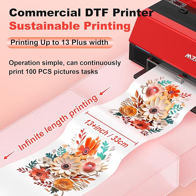 MZK A3 Plus DTF Printer XP600 Doubled-Speed,13+" DTF Film,Built-in Holiday Automatic Timed Cleaning Printhead,LED Multi-Function Fouch Screen,Film Cutter,White Ink Circulation,Gift Ink 2 Year