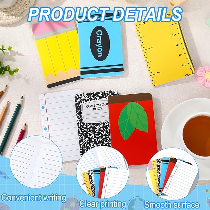24 Pack Back to School Party Favor Mini Composition Books Small Pocket Size Crayon Pencil Apple Teacher Appreciation Notebooks for Students First Day of School Gift Favors Classroom Prize 5x3 Inch