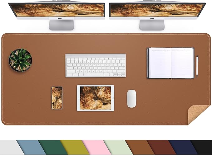 Leather Desk pad Protector, Large Desk mat with Natural Cork & PU Leather,Mouse pad,Non-Slip Office Desk Mat,Waterproof Desk Writing Pad for Office and Home (47in*17in, Brown)