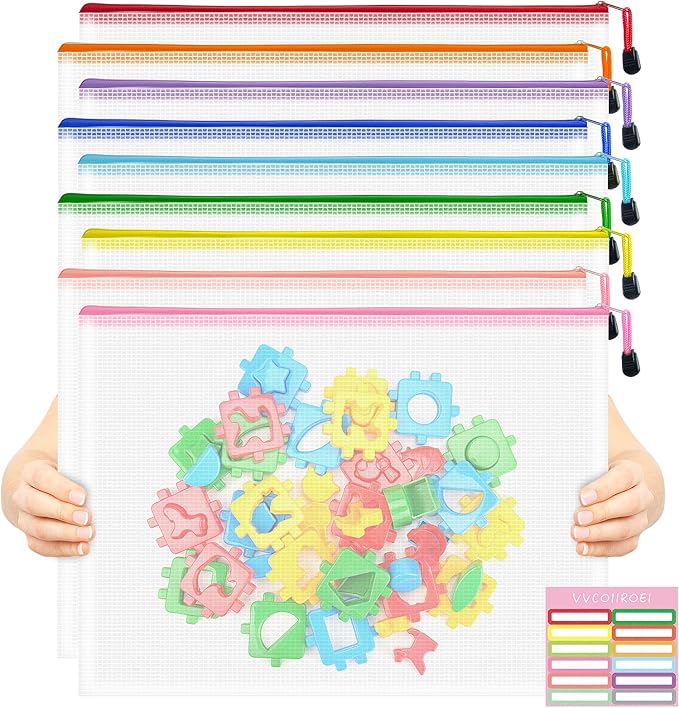 9pcs Mesh Zipper Pouch Bags, A3 Sizes Zipper Pouch, Mesh Bags With Zipper, Plastic Zipper Pouches, 9 Colors Zipper Pouches for Organizing, Board Game Storage, Travel, School Office organize