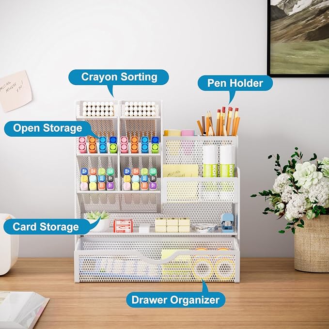 Marbrasse Mesh Pen Holder for Desk, Multi-Functional Pencil Organizer with Drawer, Desk Organizers and Accessories for Office Art Supplies (White)