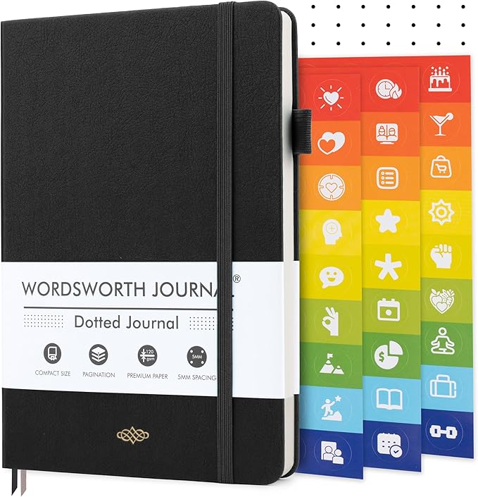 Wordsworth & Black A5 Bullet Dotted Journal 216 Dotted Pages, Hardcover Grid Dot Leather, 120 GSM Paper, Journaling Notebook for Work & Sketching, Journals for Women, Men - Gifts Box Included Black