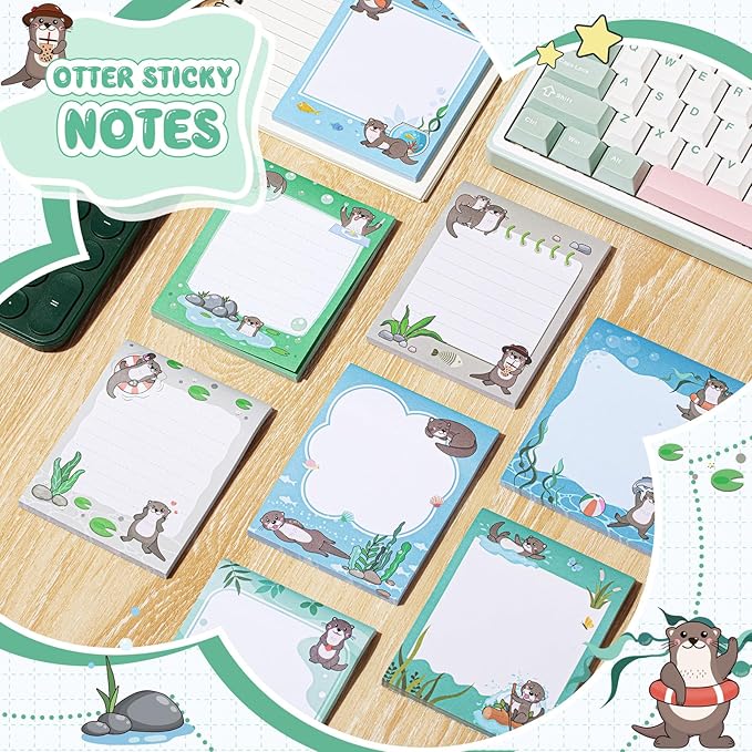 Sabary 9 Pads Sticky Notes 3.15 x 3.94 Inches Cute Self Sticky Note Pads Colored Adhesive Notepad for Memo Reminder Journal Studying Office Home Gift (Otter)
