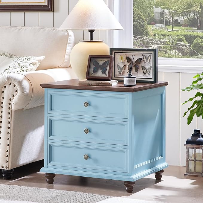 24" Wide Farmhouse Night Stand,Large End Table with 3 Drawers & Metal Handle,Light Blue Wood Dresser for Bedroom Cabinet, Bed Side Tabl·e Chest of Drawers,Nightstand for Living Room,Close