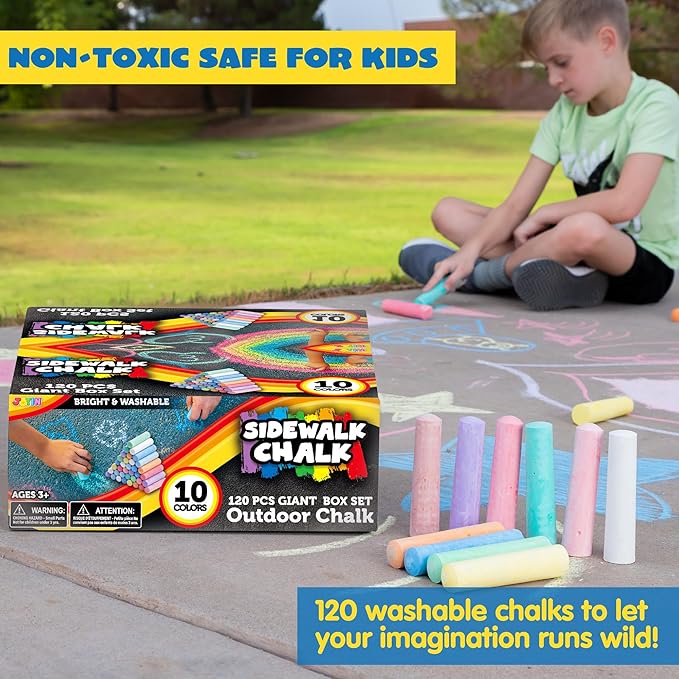 JOYIN 120 PCS Sidewalk Chalks for Kids Giant Box Non-toxic Jumbo Colored Washable Sidewalk Chalk for Toddlers in 10 Colors
