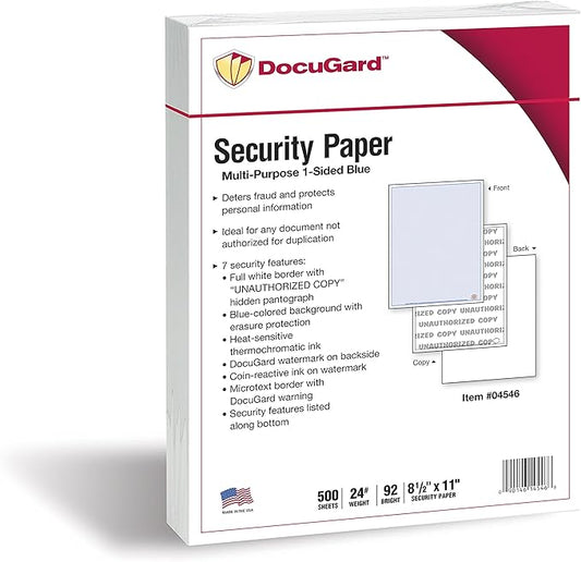 DocuGard Advanced Blue Multi-Purpose Security Paper, 7 Features, 8.5 x 11 Inches, 24 lb, 500 Sheets (04546)