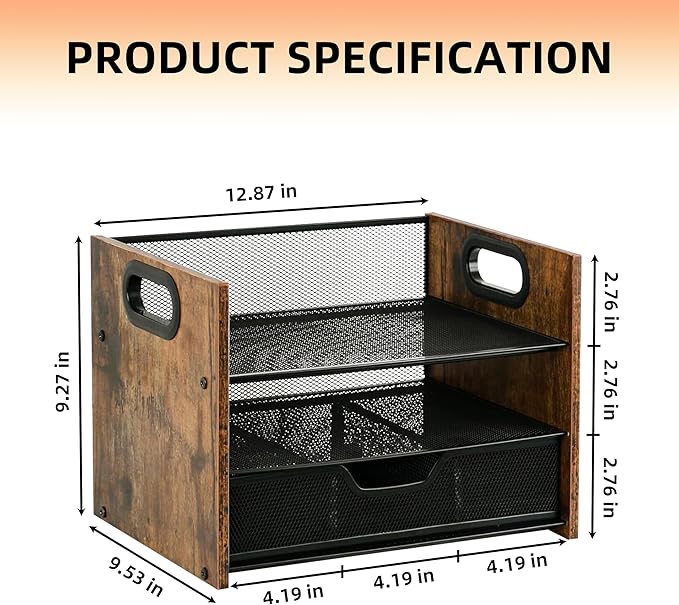 Wood Desk Organizer - 3-Tier Desktop File Organizer with Drawer, Wooden Paper Tray, Office Desk Organzier and Accessories for Papers, Mail, Notebooks, Stationery