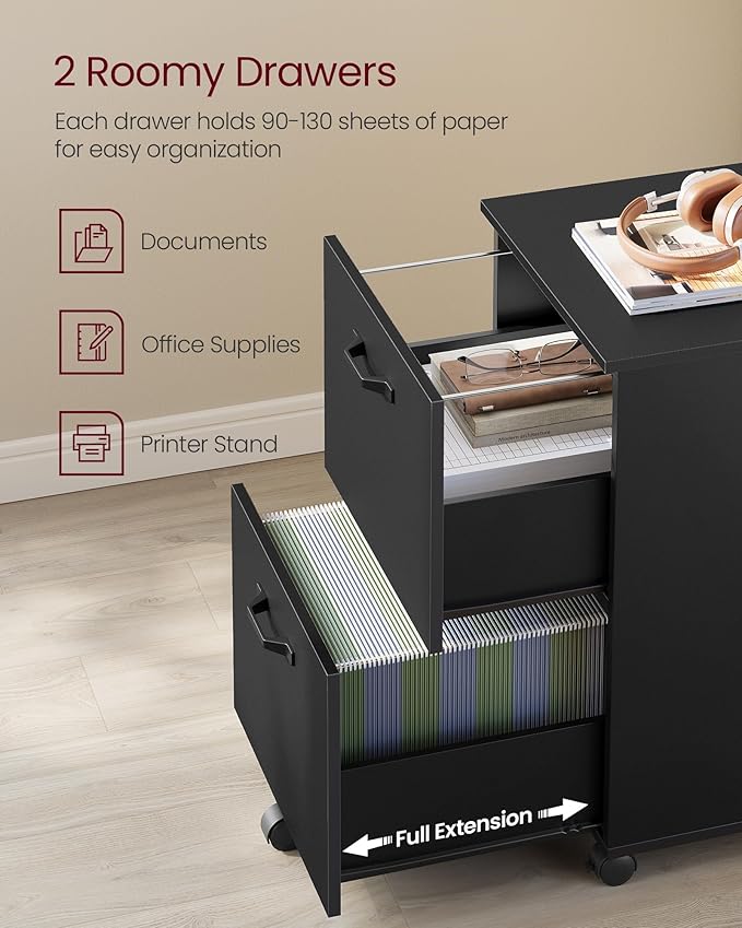 VASAGLE 2-Drawer File Cabinet, Small Rolling Filing Cabinet for Home Office, Printer Stand, for A4, Letter-Size Documents, 15.7 x 16.5 x 27.6 Inches, Matte Black UOFC040B16