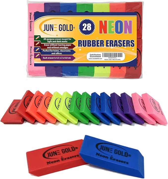 June Gold 28 Neon Colored Rubber Erasers - These All-Purpose erasers are Perfect for classrooms, Homes & Offices
