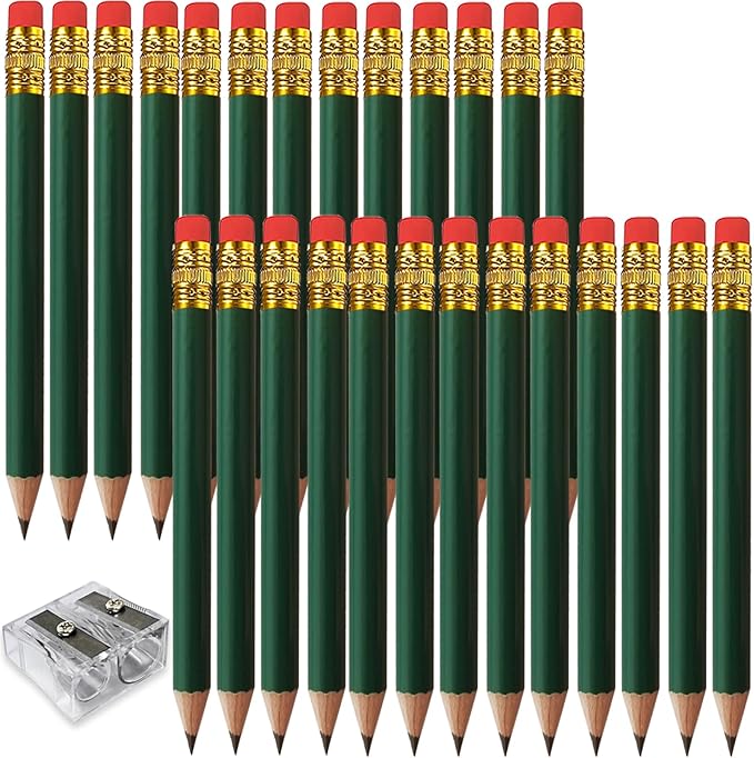 Adhere 50pcs Golf Pencils with Eraser Round Wooden half Pencils Graphite 2B for Golf Event Scoring, Classroom, Wedding, Pew, Pocket | Free Pencil Sharpener (Green)