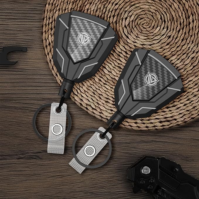 Oaridey Heavy Duty Retractable Keychain with Belt Clip, Retractable Badge Holders with Carbon Fiber Front, Badge Reels Retractable with Key Ring and 31.8” Steel Cord, 9oz Rebound - 4 Packs